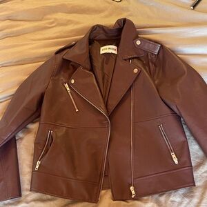 Steve Madden Chocolate Brown Faux Leather Moto Jacket with Silver Hardware